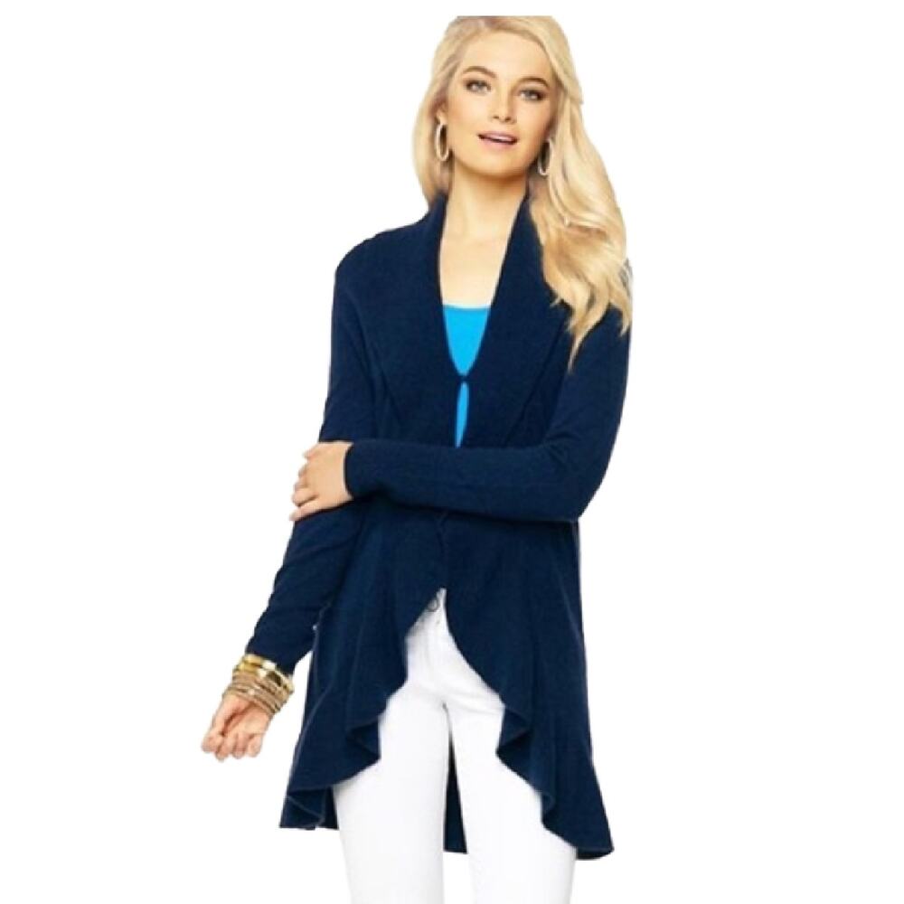 Lilly Pulitzer 100% Cashmere Navy Blue Ruffle Duster Cardigan Sweater Small